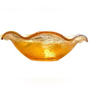 Vintage Marigold Carnival Glass Fruit Bowl 9.5” Floral Ruffled Iridescent Gold